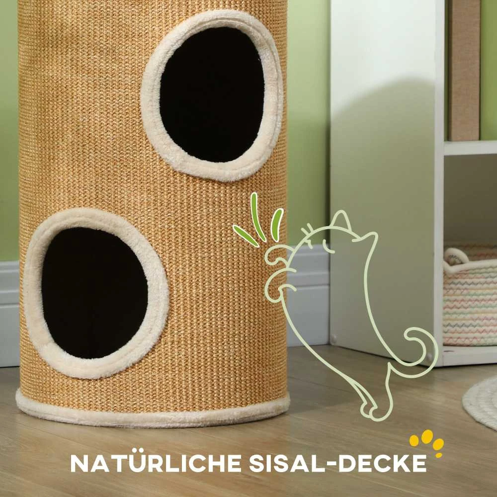 PawHut draskyklė-namelis, 60 cm aukščio katėms su 2 urvais, draskyklė, kačių bokštas iš sizalio, katėms iki 5kg, ruda