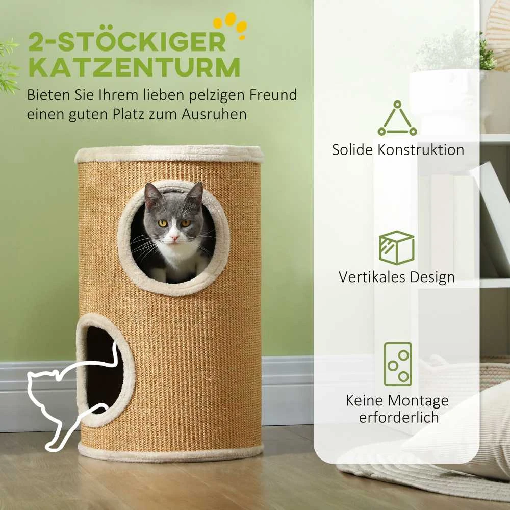 PawHut draskyklė-namelis, 60 cm aukščio katėms su 2 urvais, draskyklė, kačių bokštas iš sizalio, katėms iki 5kg, ruda