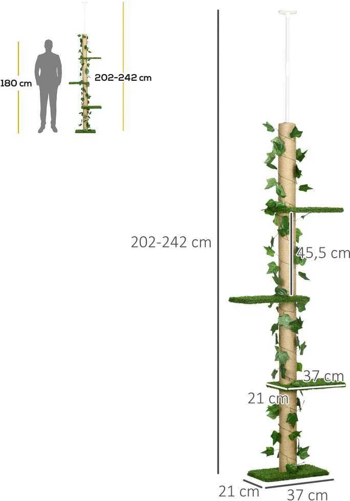 PawHut draskyklė, montuojama iki lubų, 202-242 cm, laipynė katėms, reguliuojamo aukščio, su apsauga nuo griuvimo, džiutas, žalia ir geltona