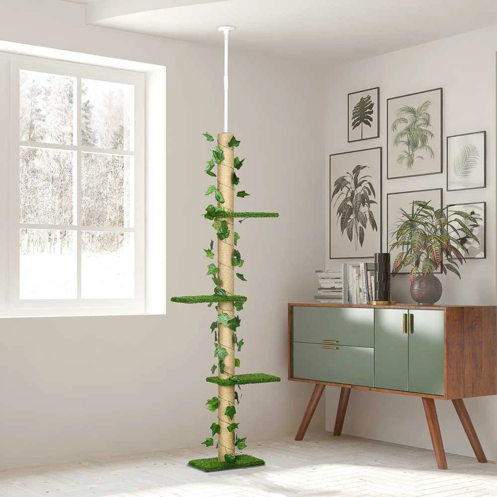 PawHut draskyklė, montuojama iki lubų, 202-242 cm, laipynė katėms, reguliuojamo aukščio, su apsauga nuo griuvimo, džiutas, žalia ir geltona