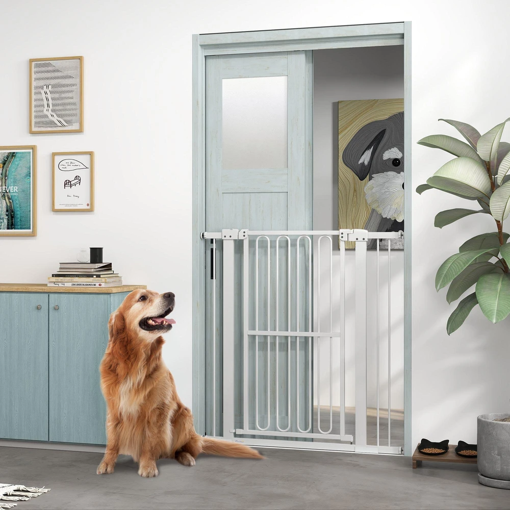 "PawHut" durų apsauginiai vartai šunims, 76-104 cm užtvaros vartai be gręžimo, plieniniai laiptų vartai, laiptų vartai, apsauginiai vartai, laiptų, durų, koridoriaus apsauginiai vartai, balti