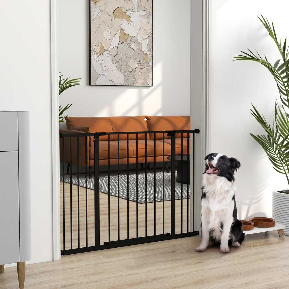 "PawHut" durų apsaugos grotelės laiptų apsaugos grotelės be gręžimo šunų barjerinės grotelės naminių gyvūnėlių šunų grotelių spaustuko tvirtinimas plienas juodas 76-107x76cm