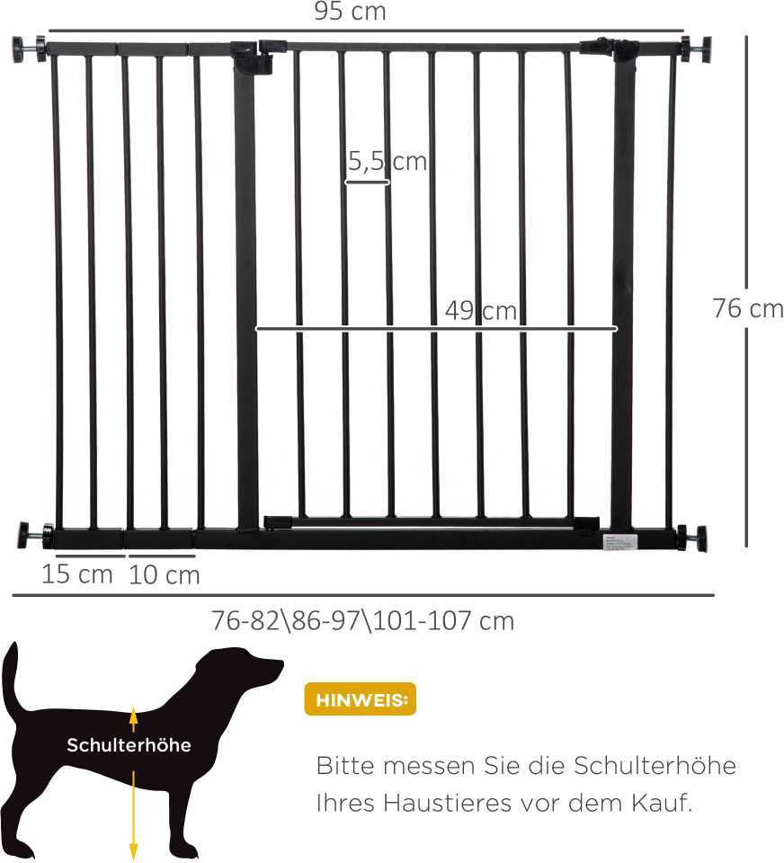 "PawHut" durų apsaugos grotelės laiptų apsaugos grotelės be gręžimo šunų barjerinės grotelės naminių gyvūnėlių šunų grotelių spaustuko tvirtinimas plienas juodas 76-107x76cm