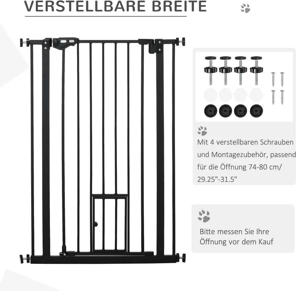 PawHut apsauginis barjeras šunims su dvigubu užraktu, reguliuojamas plotis 74-80x104 cm, su automatiniu durelių uždarymu, montavimas be gręžimo, juodas | Aosom