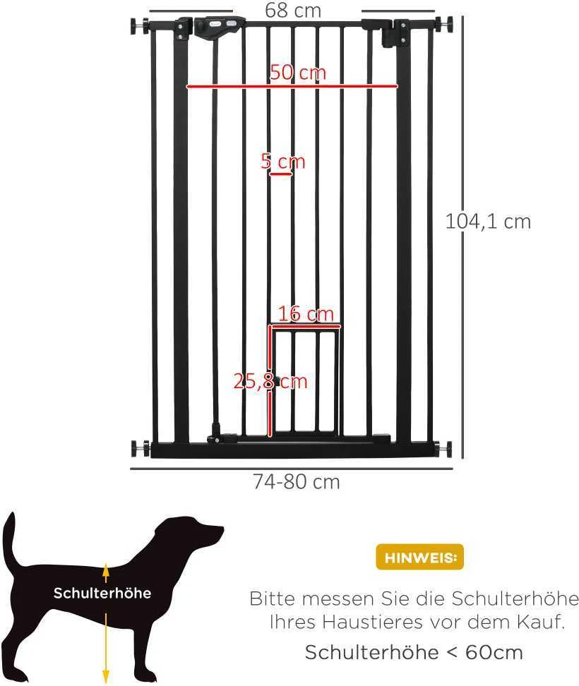 PawHut apsauginis barjeras šunims su dvigubu užraktu, reguliuojamas plotis 74-80x104 cm, su automatiniu durelių uždarymu, montavimas be gręžimo, juodas | Aosom
