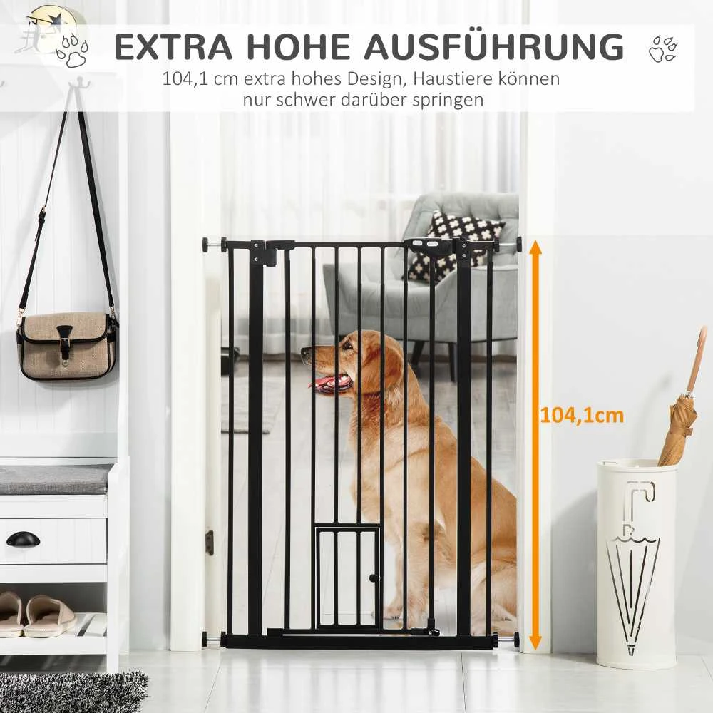PawHut apsauginis barjeras šunims su dvigubu užraktu, reguliuojamas plotis 74-80x104 cm, su automatiniu durelių uždarymu, montavimas be gręžimo, juodas | Aosom