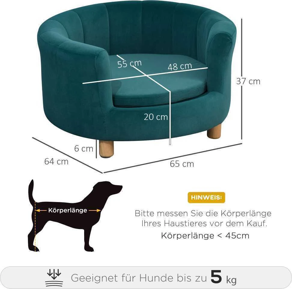 PawHut šunų guolis – elegantiška šunų sofa su minkštu užvalkalu ir medinėmis kojelėmis, 65x64x37 cm