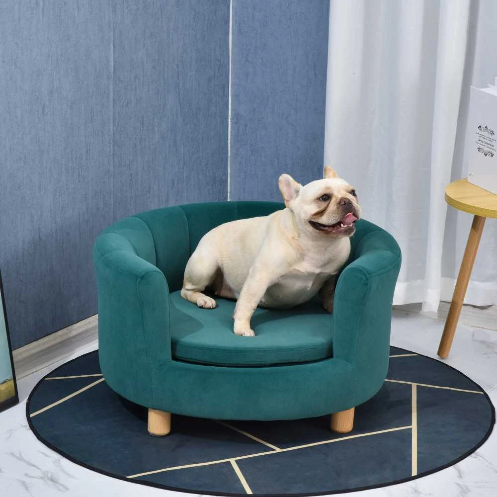 PawHut šunų guolis – elegantiška šunų sofa su minkštu užvalkalu ir medinėmis kojelėmis, 65x64x37 cm