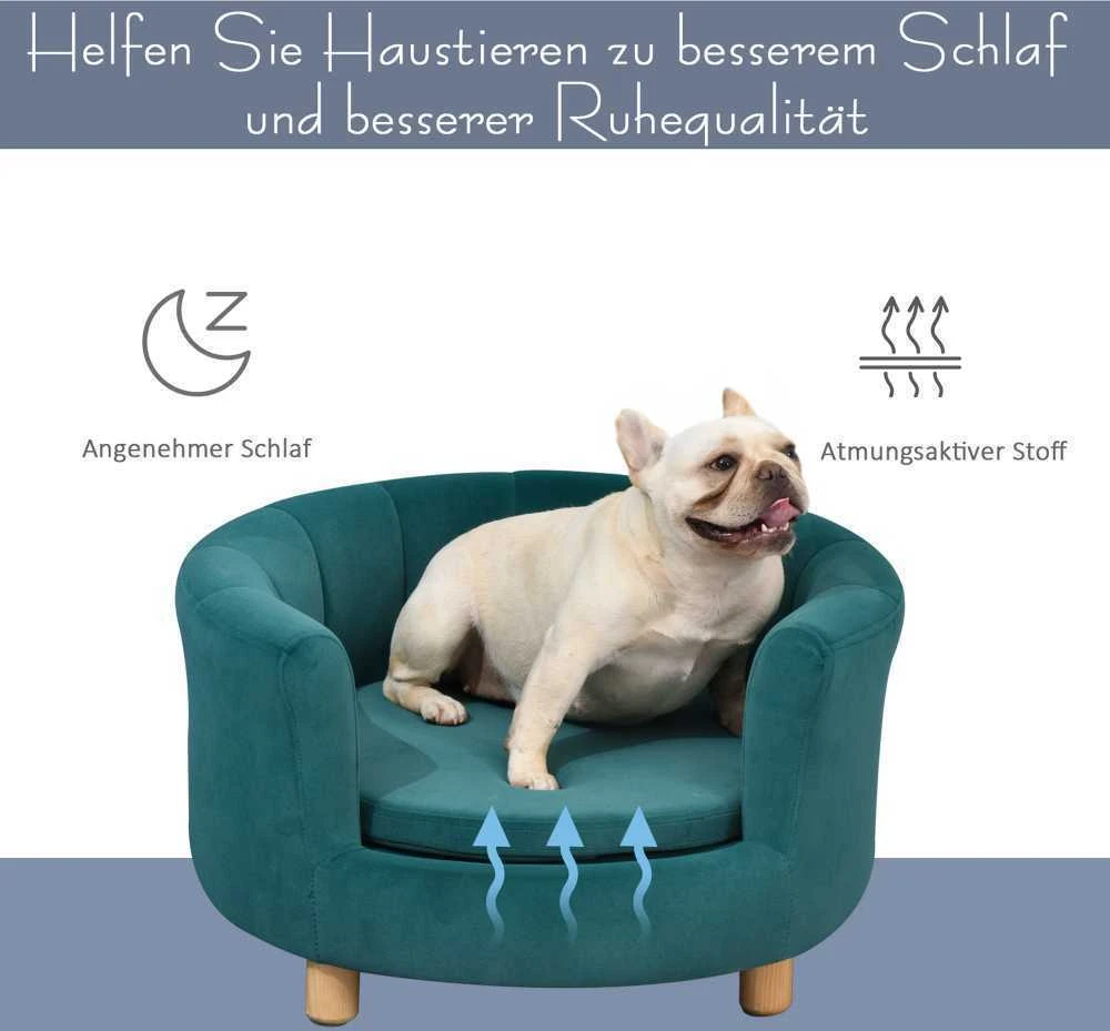 PawHut šunų guolis – elegantiška šunų sofa su minkštu užvalkalu ir medinėmis kojelėmis, 65x64x37 cm