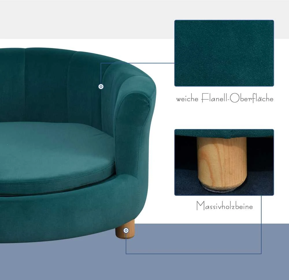 PawHut šunų guolis – elegantiška šunų sofa su minkštu užvalkalu ir medinėmis kojelėmis, 65x64x37 cm