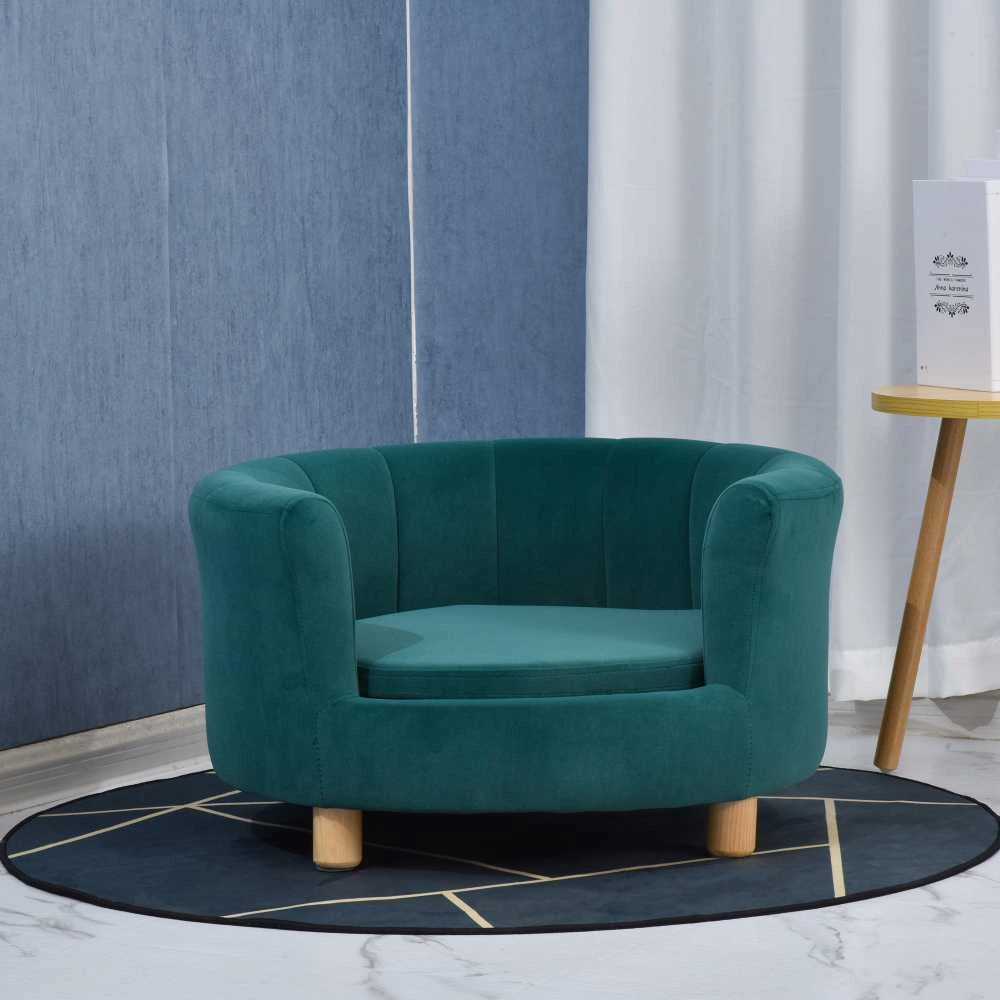 PawHut šunų guolis – elegantiška šunų sofa su minkštu užvalkalu ir medinėmis kojelėmis, 65x64x37 cm