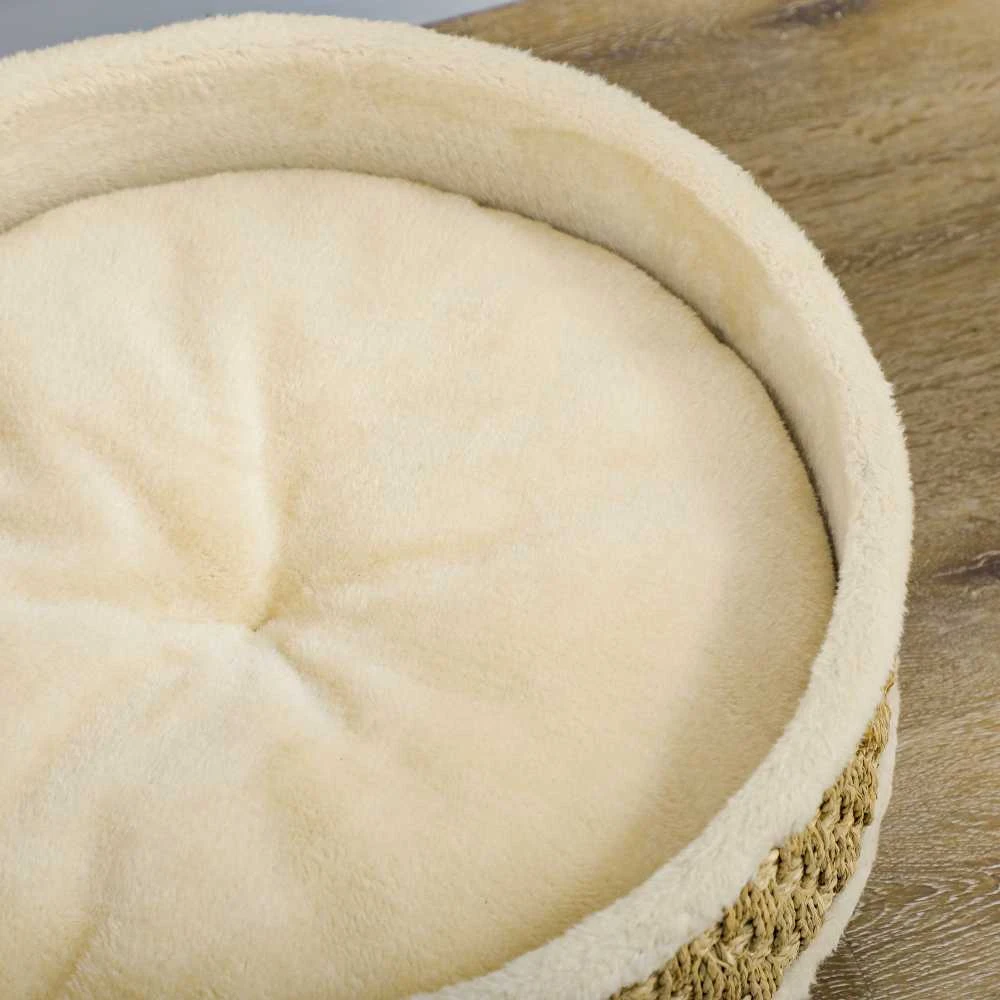PawHut šunų guolis, pakeltas naminių gyvūnėlių guolis su plaunama pagalve, jūržolių virve ir medinėmis kojelėmis, apvalus, smėlio ir chaki spalvos, 48x48x24,5 cm