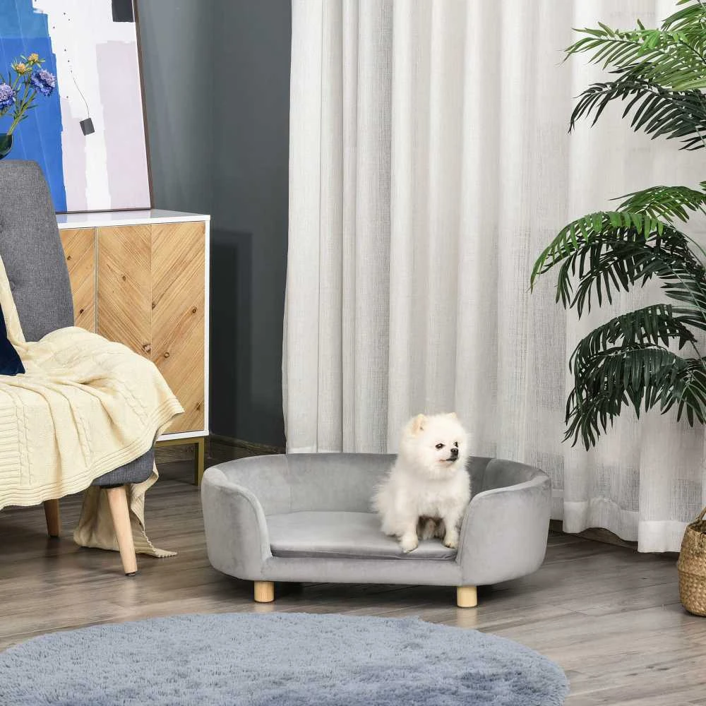 PawHut naminių gyvūnų sofa, šuns guolis su olandišku aksomu, putplasčiu ir beržinėmis kojomis, katėms ir šunims, 86 x 55 x 33 cm, šviesiai pilka