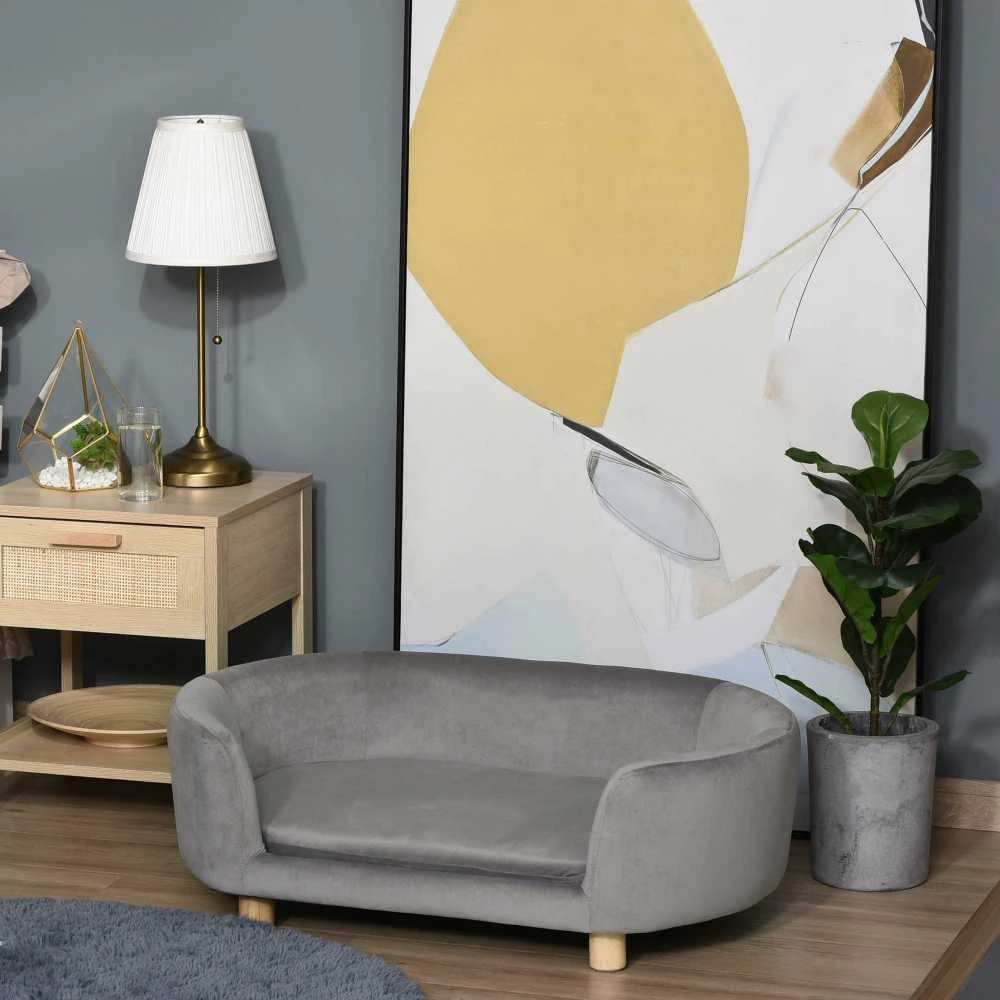 PawHut naminių gyvūnų sofa, šuns guolis su olandišku aksomu, putplasčiu ir beržinėmis kojomis, katėms ir šunims, 86 x 55 x 33 cm, šviesiai pilka