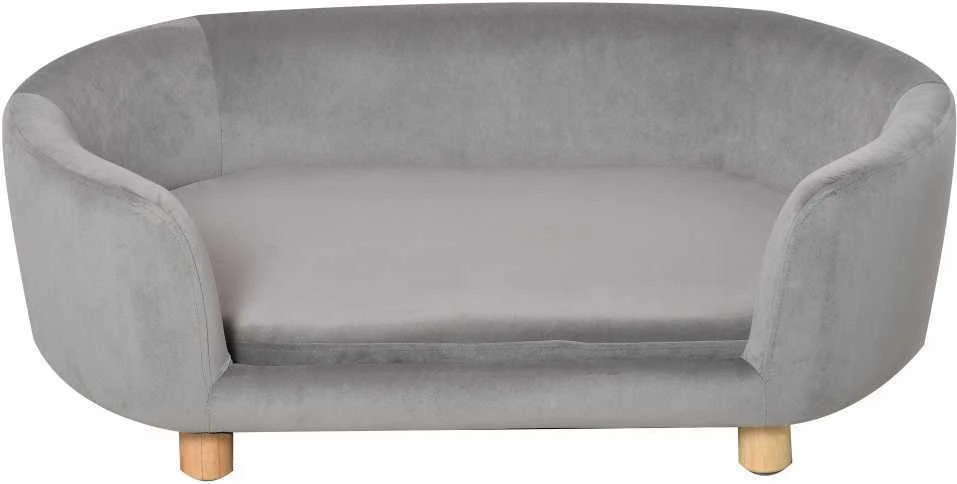 PawHut naminių gyvūnų sofa, šuns guolis su olandišku aksomu, putplasčiu ir beržinėmis kojomis, katėms ir šunims, 86 x 55 x 33 cm, šviesiai pilka