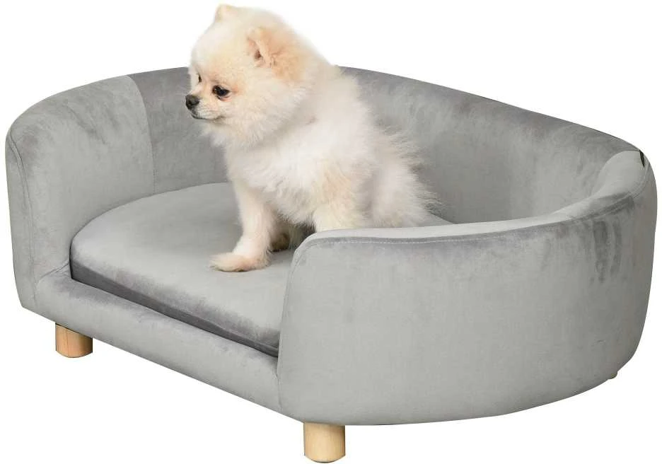 PawHut naminių gyvūnų sofa, šuns guolis su olandišku aksomu, putplasčiu ir beržinėmis kojomis, katėms ir šunims, 86 x 55 x 33 cm, šviesiai pilka