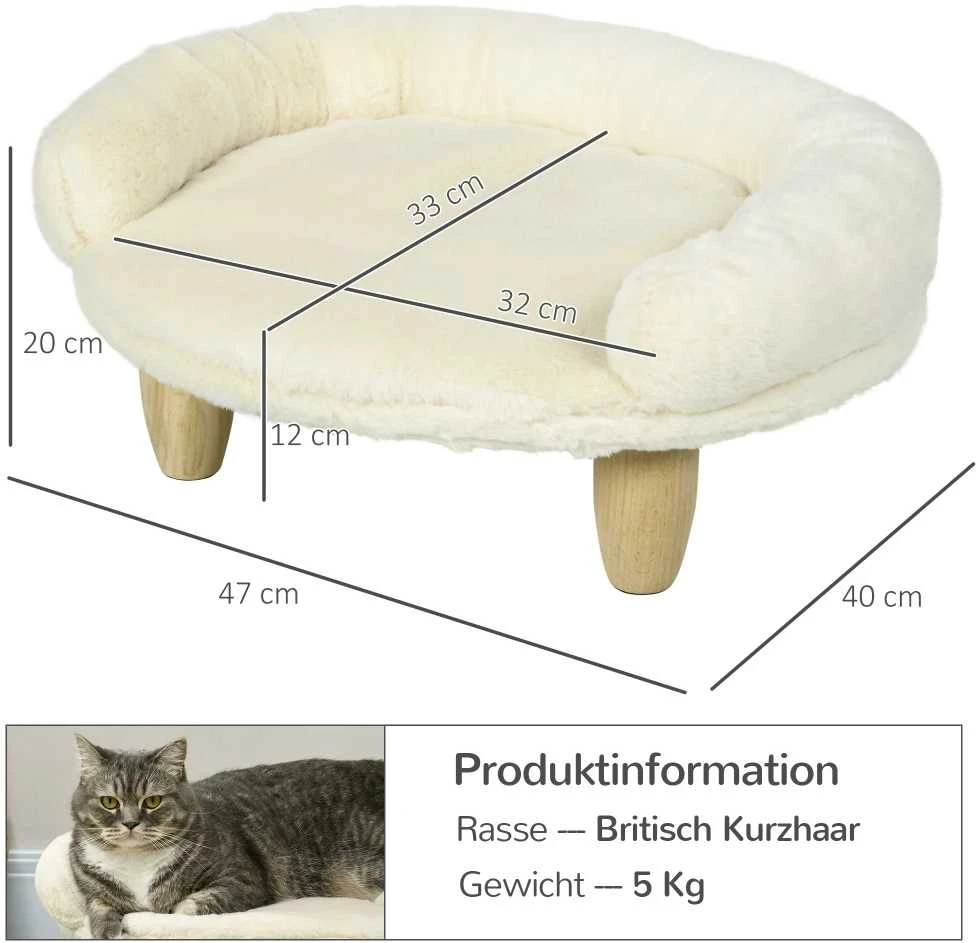 PawHut patogi gyvūnų sofa, paaukštintas dizainas, šunų sofa, kačių sofa, medinės kojelės, flanelė, kreminė, 47x40x20 cm