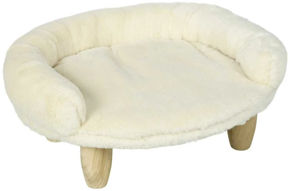PawHut patogi gyvūnų sofa, paaukštintas dizainas, šunų sofa, kačių sofa, medinės kojelės, flanelė, kreminė, 47x40x20 cm