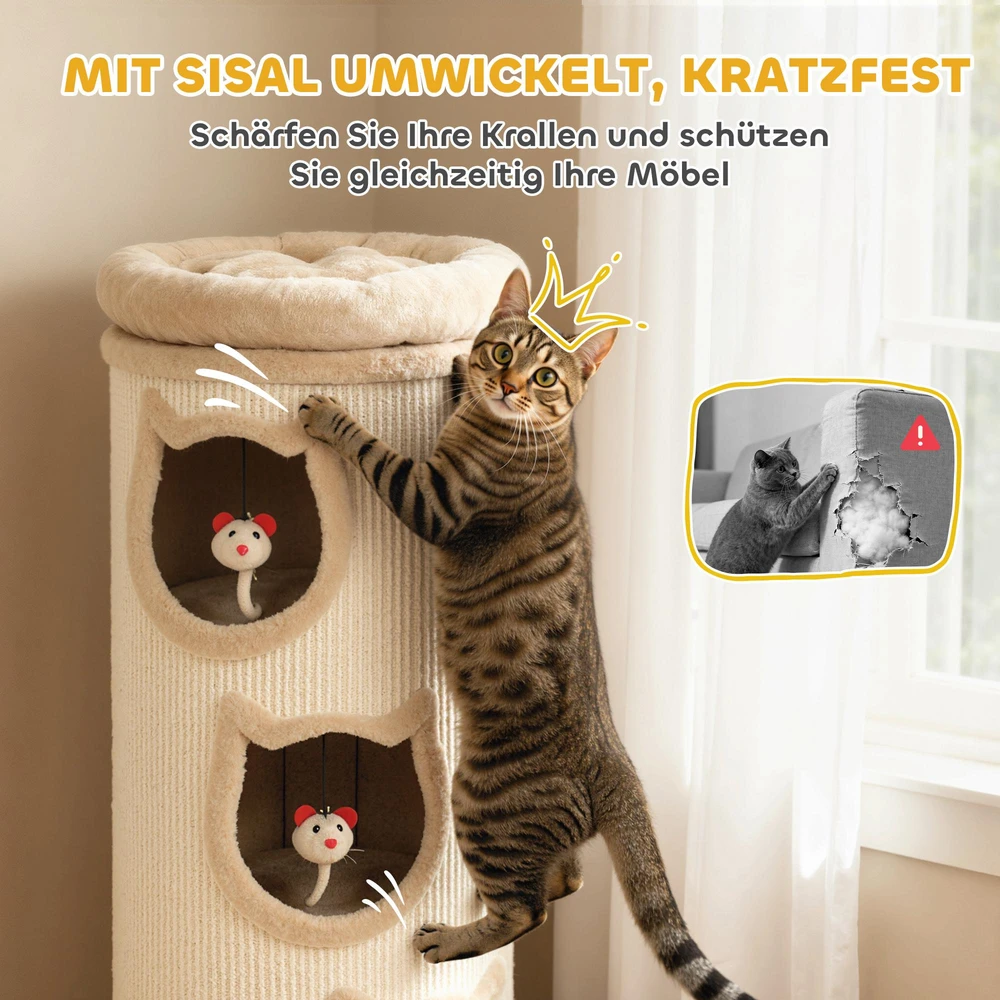 PawHut kačių draskyklė-namelis, 96 cm, 4 aukštų kačių bokštas su plaunama lova, 3 miegamosios landos, pakabinamas žaislas, kelioms katėms, pilkas