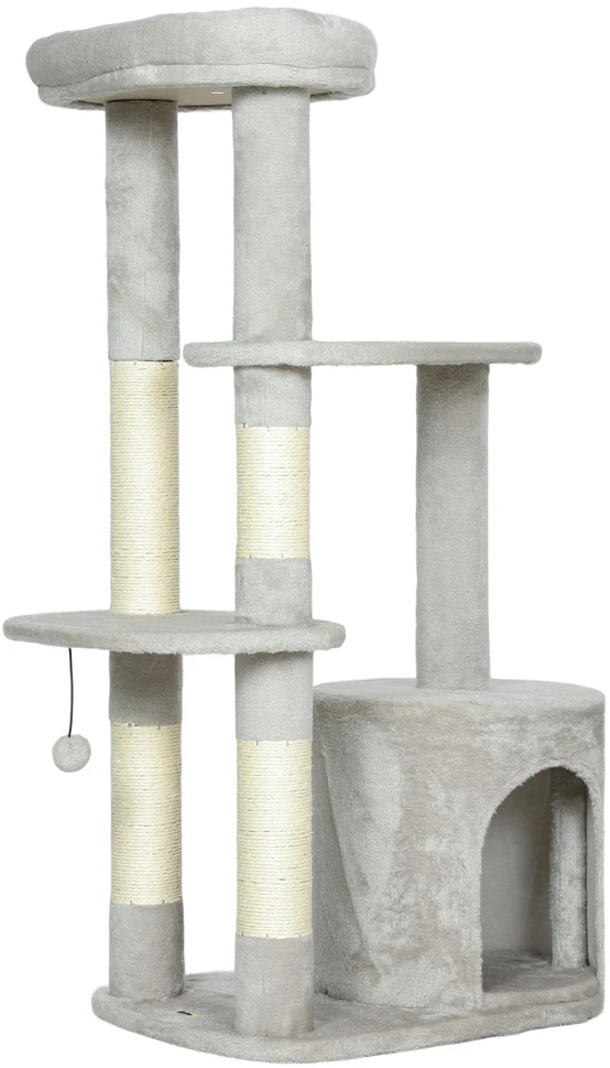 PawHut 114 cm draskyklė katėms su nameliu, sizalio stulpais, platforma, kelių lygių, skirta vidutinio dydžio katėms iki 6kg, šviesiai pilka