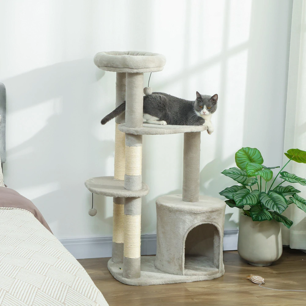 PawHut 114 cm draskyklė katėms su nameliu, sizalio stulpais, platforma, kelių lygių, skirta vidutinio dydžio katėms iki 6kg, šviesiai pilka