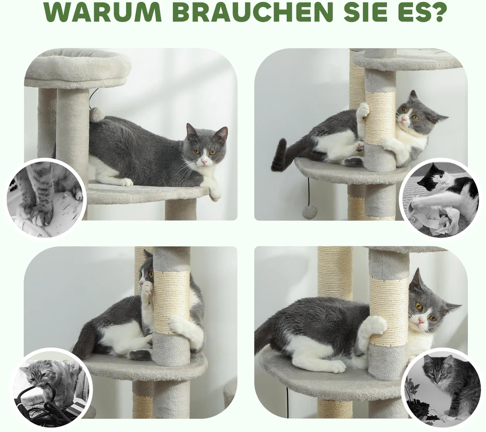 PawHut 114 cm draskyklė katėms su nameliu, sizalio stulpais, platforma, kelių lygių, skirta vidutinio dydžio katėms iki 6kg, šviesiai pilka