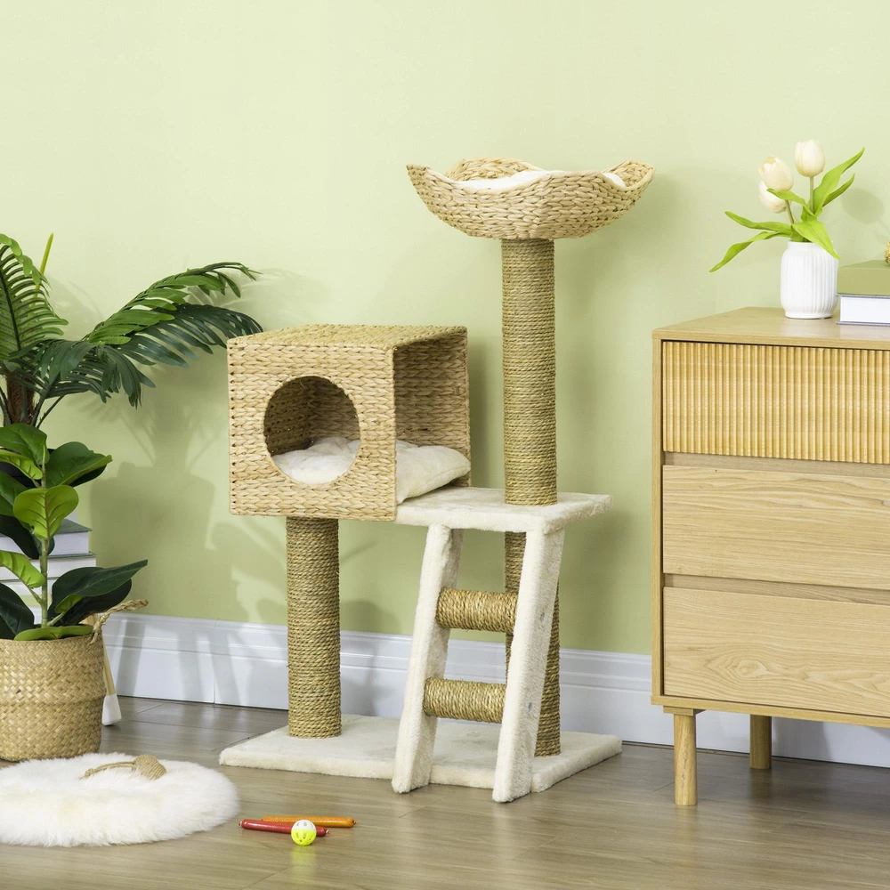 PawHut kačių draskyklė 100,5 cm, kačių medis su nameliu, lova, laipteliais, draskykle su sizalio stulpais, pagalvėlėmis, iki 4,5kg, natūrali | Aosom