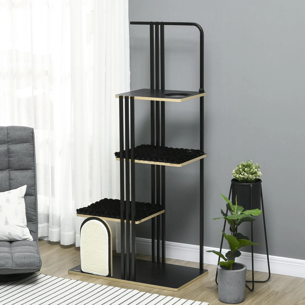 PawHut kačių draskyklė 170 cm, didelė draskyklė su pagalvėlėmis, draskymo lenta, 3 platformomis, plieniniais kačių baldais, juoda