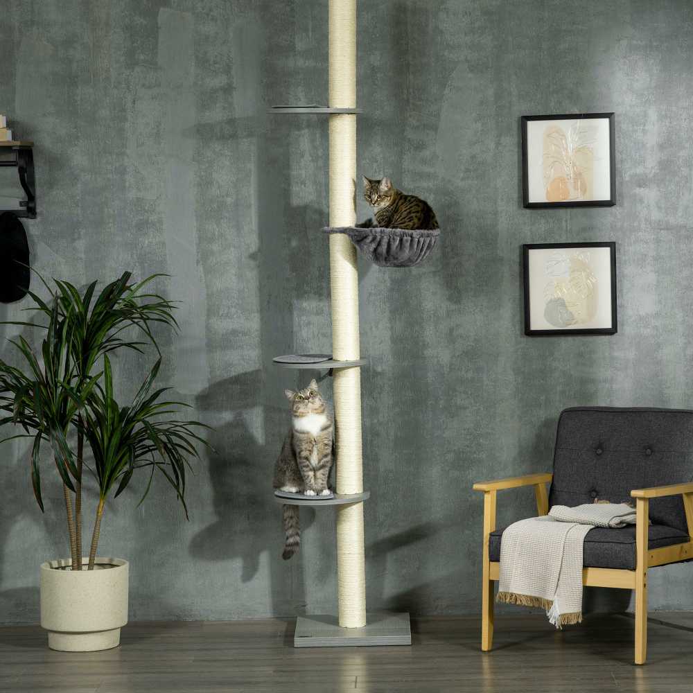 PawHut draskyklė katėms iki lubų, 230-250 cm, su hamaku, reguliuojamo aukščio, pilka+kreminė