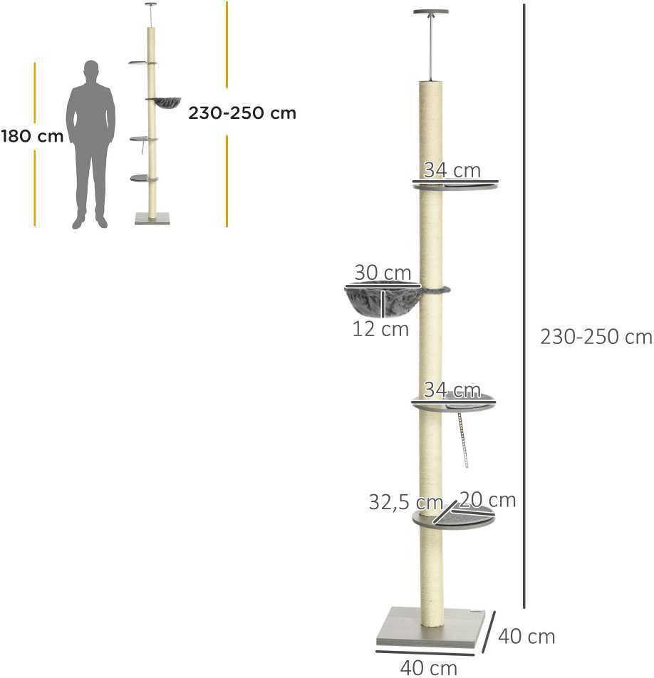 PawHut draskyklė katėms iki lubų, 230-250 cm, su hamaku, reguliuojamo aukščio, pilka+kreminė