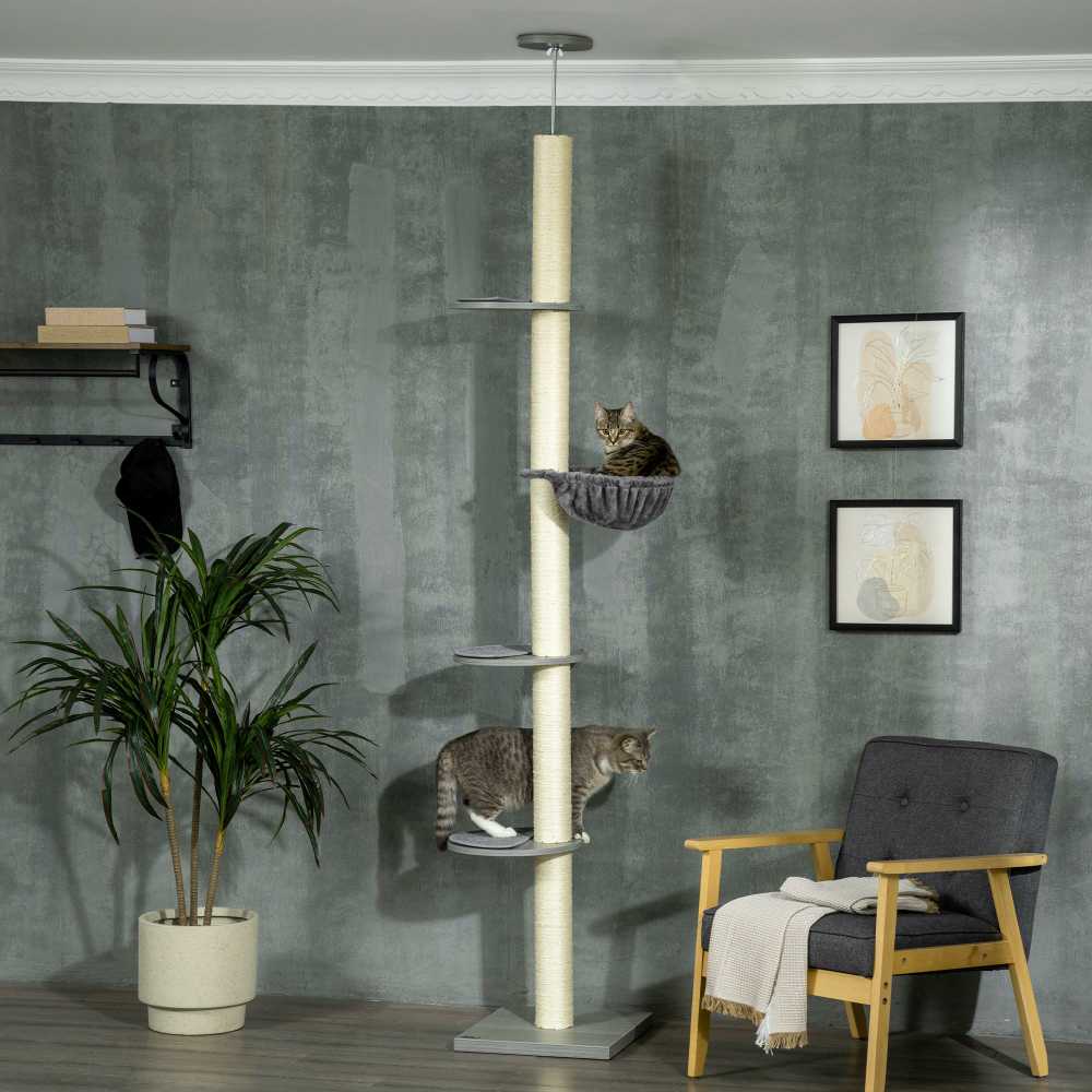 PawHut draskyklė katėms iki lubų, 230-250 cm, su hamaku, reguliuojamo aukščio, pilka+kreminė