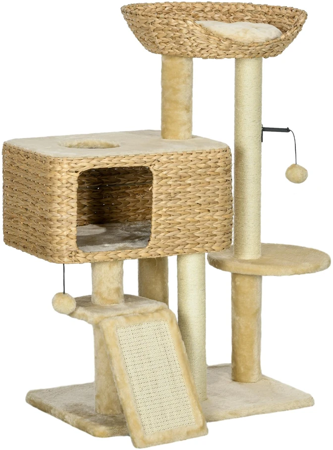 PawHut kačių draskyklė, 98 cm, su 2 gultais, žaisliniu kamuoliuku, katėms iki 6kg, kačių baldai, sizalis, smėlio spalvos