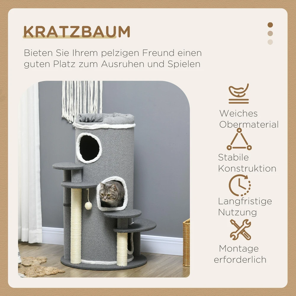 PawHut kačių draskyklė 99 cm su katės guoliu, žaidimų kamuoliuku ir platformomis