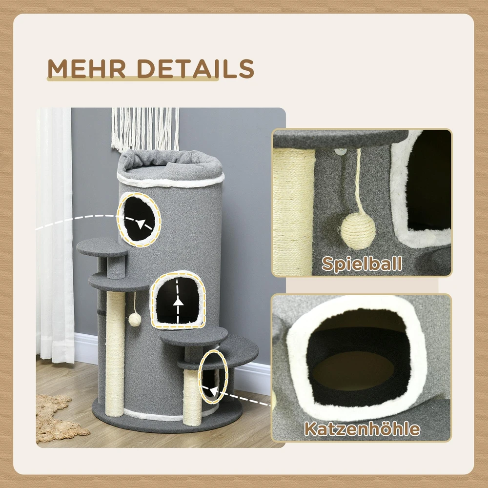PawHut kačių draskyklė 99 cm su katės guoliu, žaidimų kamuoliuku ir platformomis