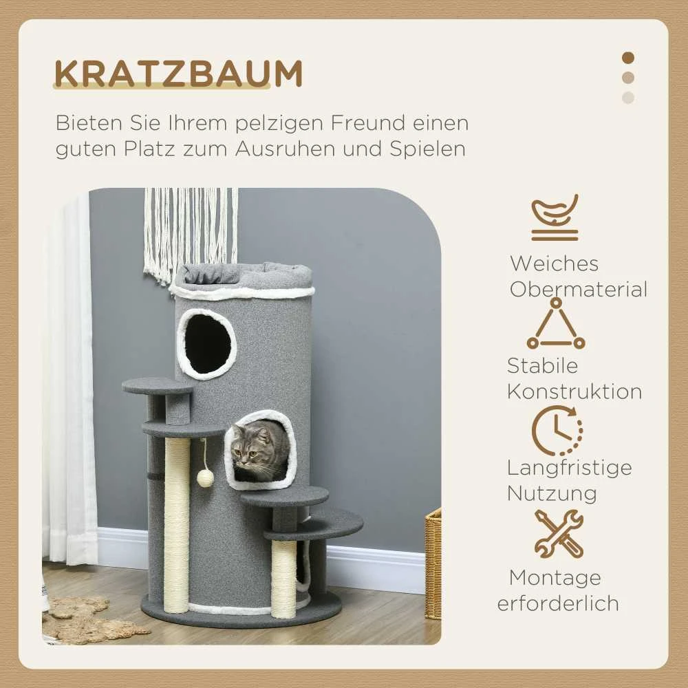 PawHut kačių draskyklė 99 cm su katės guoliu, žaidimų kamuoliuku ir platformomis