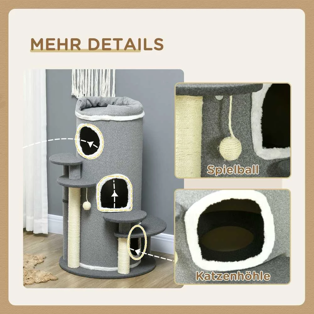 PawHut kačių draskyklė 99 cm su katės guoliu, žaidimų kamuoliuku ir platformomis