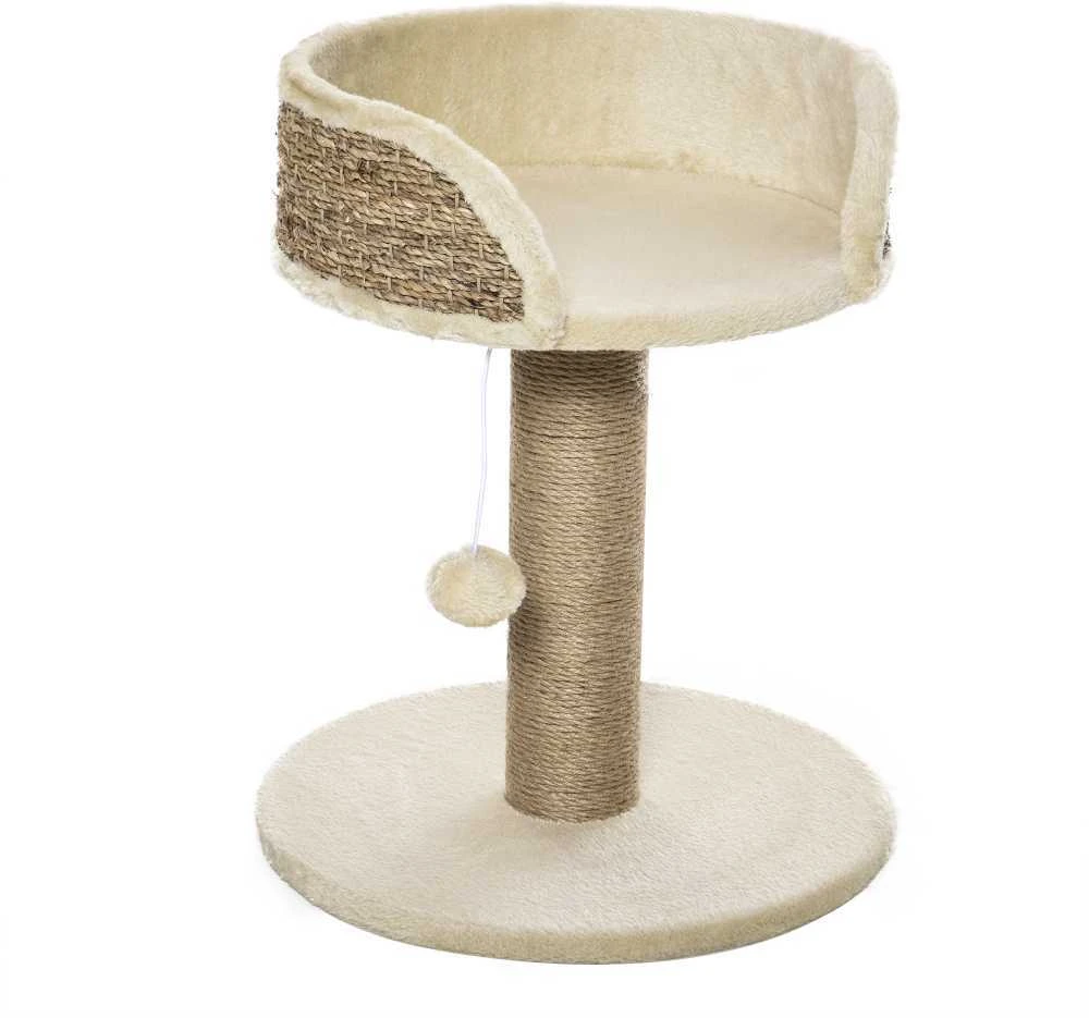 PawHut mažas draskyklė katėms, 49 cm, draskyklė su žaisliuku, gultu, laipynė katėms iki 4kg, baldai katėms, džiutas, kavos spalvos