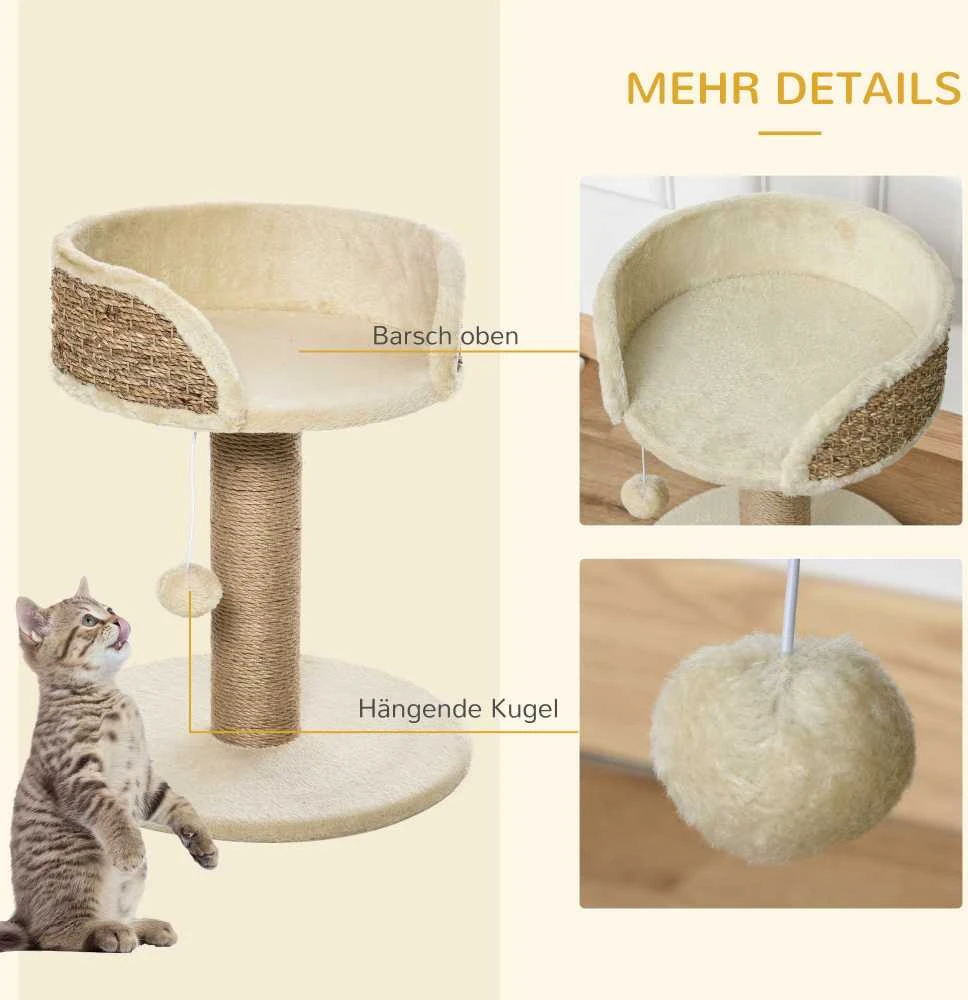 PawHut mažas draskyklė katėms, 49 cm, draskyklė su žaisliuku, gultu, laipynė katėms iki 4kg, baldai katėms, džiutas, kavos spalvos