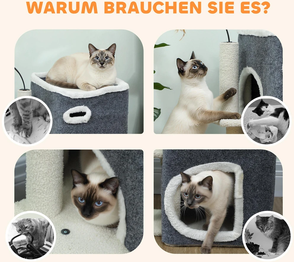 PawHut kačių draskyklė, viršutinė gulėjimo vieta, 2 aukštų namelis, sizalio stulpeliai, pilka
