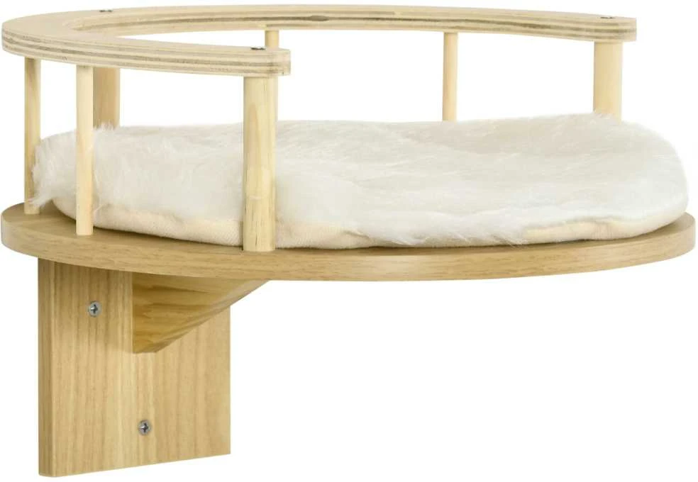 PawHut katės gultas tvirtinimui prie sienos, katės gultas su apsauginiu kraštu ir pagalvėle, ąžuolo spalva + kreminė balta, Ø34x10,5 cm
