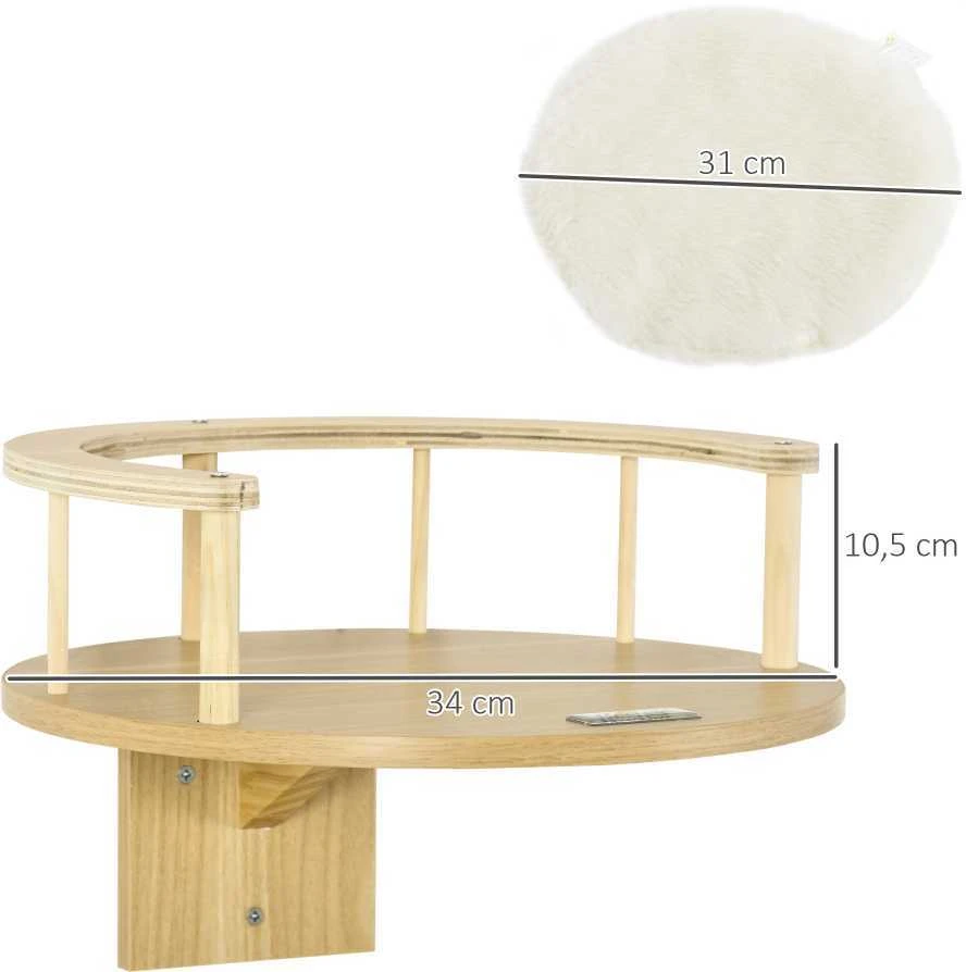 PawHut katės gultas tvirtinimui prie sienos, katės gultas su apsauginiu kraštu ir pagalvėle, ąžuolo spalva + kreminė balta, Ø34x10,5 cm