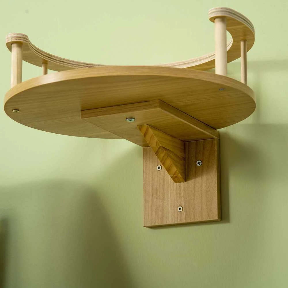 PawHut katės gultas tvirtinimui prie sienos, katės gultas su apsauginiu kraštu ir pagalvėle, ąžuolo spalva + kreminė balta, Ø34x10,5 cm
