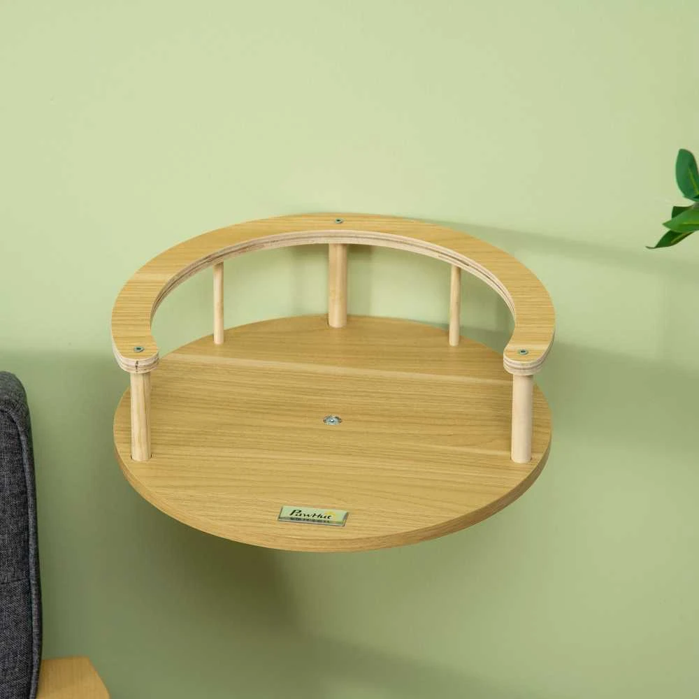 PawHut katės gultas tvirtinimui prie sienos, katės gultas su apsauginiu kraštu ir pagalvėle, ąžuolo spalva + kreminė balta, Ø34x10,5 cm