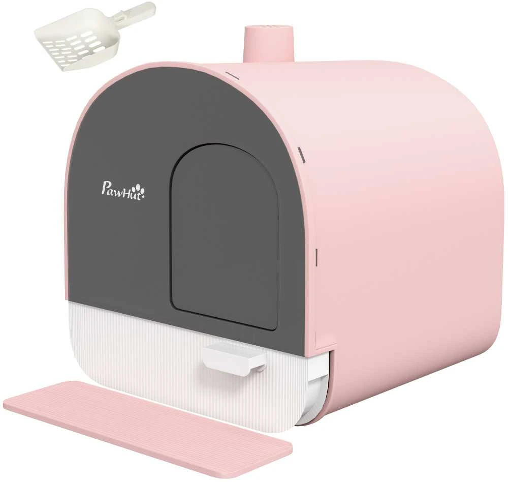 PawHut kačių tualetas su gaubtu, dangčiu, semtuvėliu, ištraukiamu padėklu ir kilimėliu, plastikinis, iki 5kg, rožinis, 43x44x47 cm
