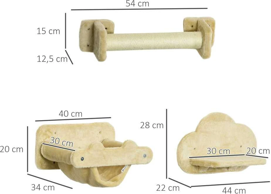 PawHut kačių laipiojimo sienelė, 5 dalių rinkinys su laipteliais, 2 draskyklėmis, platformomis, hamaku, pliušinė