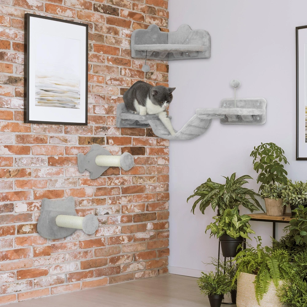 PawHut kačių laipiojimo sienelės rinkinys, 4 dalių kačių baldai su laipteliais, kopėčiomis, šuolių platformomis, draskyklėmis, žaisliniu kamuoliuku, sizaliu, katėms iki 5kg, šviesiai pilkas