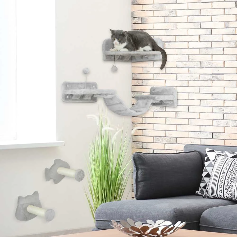 PawHut kačių laipiojimo sienelės rinkinys, 4 dalių kačių baldai su laipteliais, kopėčiomis, šuolių platformomis, draskyklėmis, žaisliniu kamuoliuku, sizaliu, katėms iki 5kg, šviesiai pilkas