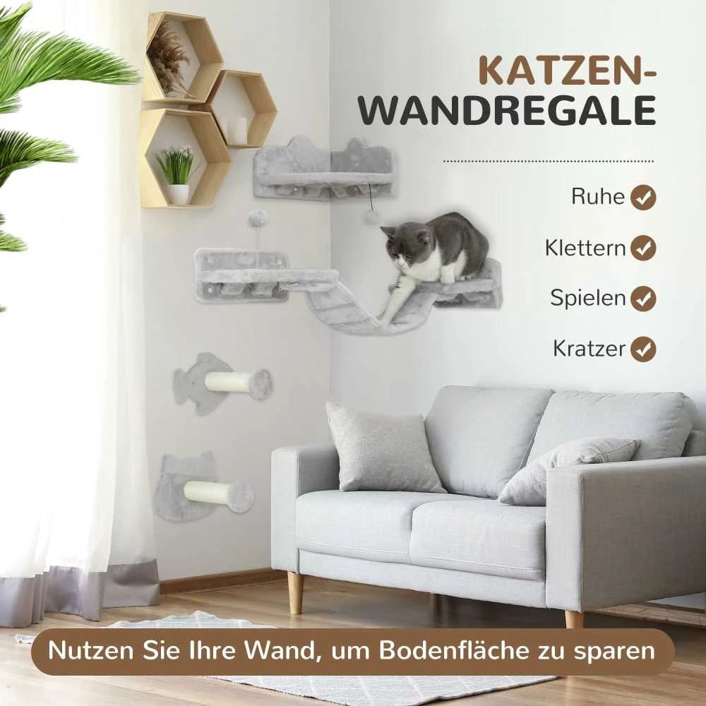 PawHut kačių laipiojimo sienelės rinkinys, 4 dalių kačių baldai su laipteliais, kopėčiomis, šuolių platformomis, draskyklėmis, žaisliniu kamuoliuku, sizaliu, katėms iki 5kg, šviesiai pilkas