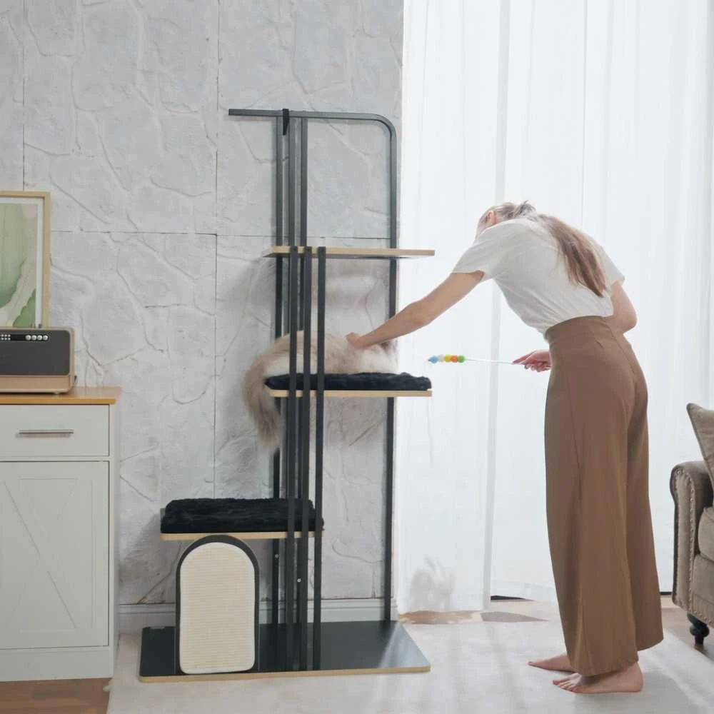PawHut kačių draskyklė 170 cm, didelė draskyklė su pagalvėlėmis, draskymo lenta, 3 platformomis, plieniniais kačių baldais, juoda