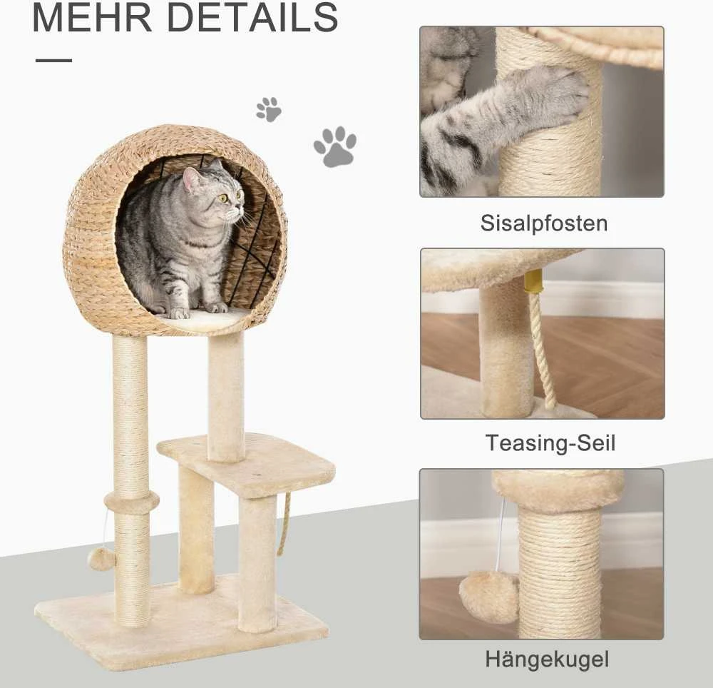 "PawHut" kačių medis, draskymo stovas, kačių baldai su urvu, kamuoliukas-žaislas, sizalis, minkštas pliušas, smėlio spalvos, aukštis 100 cm